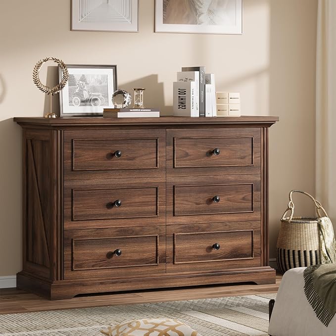 QUW Farmhouse 6 Drawer Dresser for Bedroom, 47" Wide Wood Chest of Drawers with Charging Station, Metal Handle, Modern Closet Clothes Storage Organizer for Living Room, Hallway, Entryway, Dark Walnut