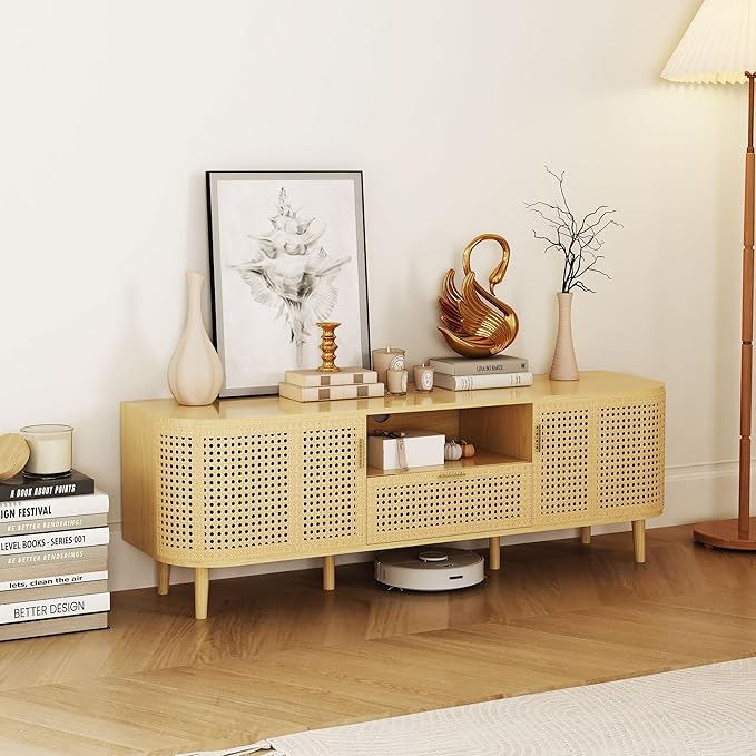 ORRD TV Stand for TVs Up to 65 Inch, Boho Wood Television Stands Media Entertainment Center Console Table with Curved Iron Rattan Doors and Drawer for Living Room - Natural