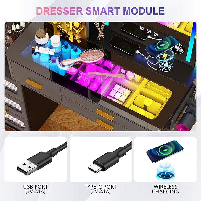 HNEBC Vanitys with HD Glass Display Table, Makeup Desk with Lighted Mirror and Charging Station, Dressing Table with RGB Lights,Jewelry Organizer,Cabinet,6Drawers,Chair for Women/Girls (Black)