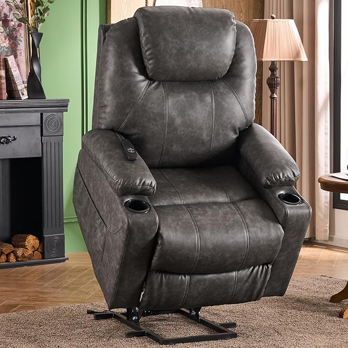 SALOHZA Power Lift Recliner Chair for Elderly with Massage and Heat for Living Room, Electric Recliner Chair for Adults with USB/Type C Port/Cup Holders, PU Faux Leather, Grey
