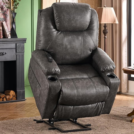 SALOHZA Power Lift Recliner Chair for Elderly with Massage and Heat for Living Room, Electric Recliner Chair for Adults with USB/Type C Port/Cup Holders, PU Faux Leather, Grey