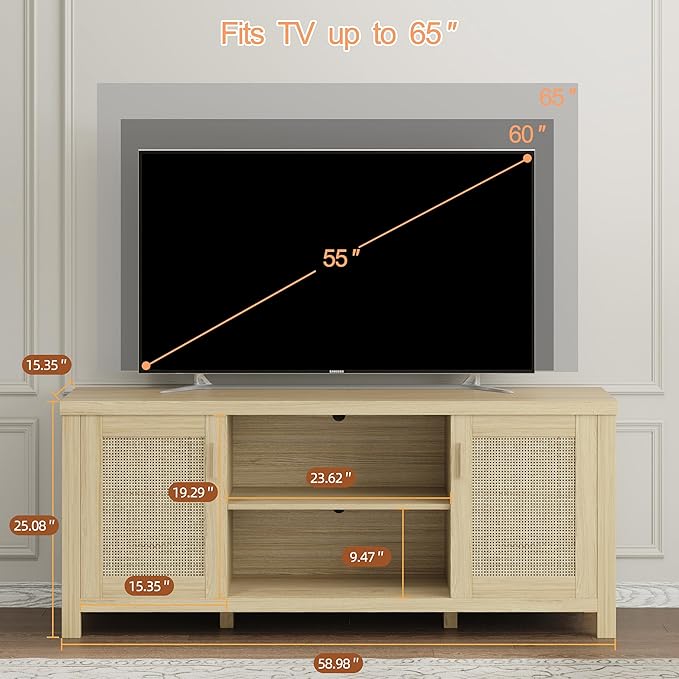 TV Stand for 65 inch TV, Modern Mid Century Entertainment Center with Storage, Media Consol with Natural wood rattan Door Cabinets and Open Shelves, Wooden, for Living Room, Bedroom, MLTV21YR