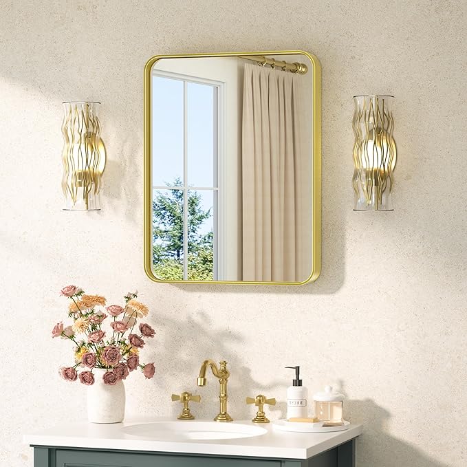 TETOTE Gold Bathroom Mirror 16 x 20 Inch Brushed Gold Metal Framed Vanity Mirror, Tempered Glass, Wall Mounted for Bathroom, Entryway, Bedroom, Living Room(Horizontal/Vertical)