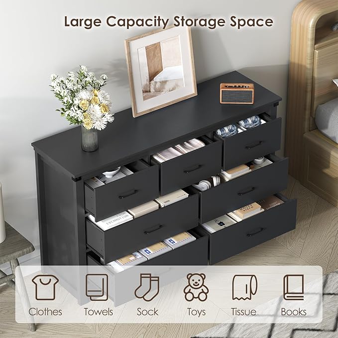 Farmhouse 7 Drawer Dresser for Bedroom, 51" Wide Chest of Drawers, Wooden Dresser TV Stand, Storage Dressers Organizer for Bedroom, Living Room, Hallway, Black