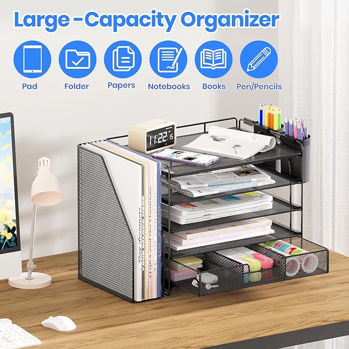 Desk Organizers and Accessories with File Holder, 5-Tier Office Desk Accessories & Workspace Desktop Organizer with Drawer and 2 Pen Holder, File Paper Organizer for Office Supplies(Black)