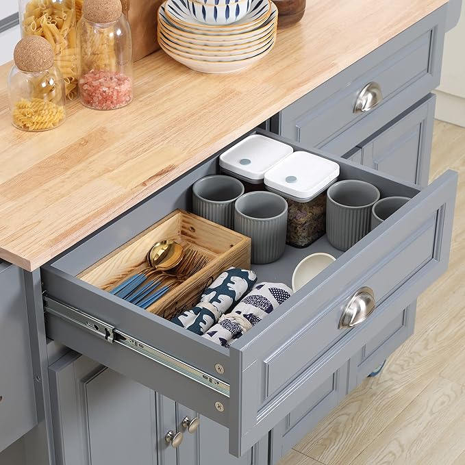 HOMCOM Rolling Kitchen Island Cart with Drop Leaf, Kitchen Cart on Wheels with Rubber Wood Top, 2 Drawers and 2 Storage Cabinets, Island Table for Kitchen, Dining Room, Dark Gray