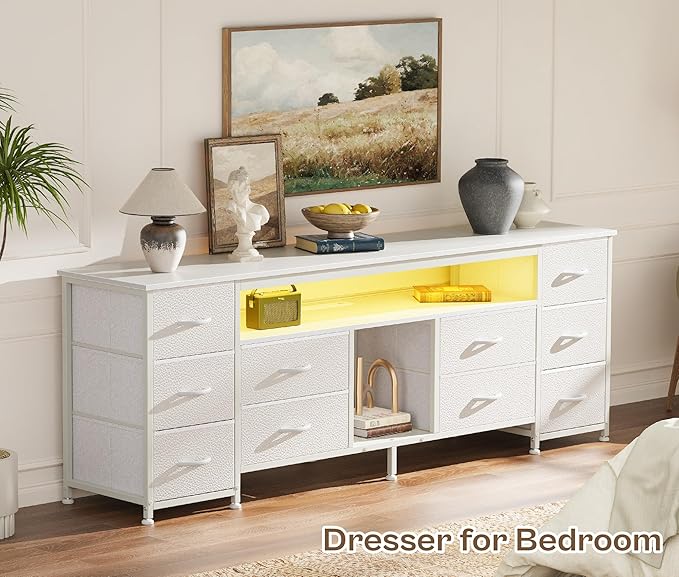 Huuger 63 Inch LED TV Stand Dresser with Power Outlets, USB-C Port and LED Lights, 10 Fabric Drawer Dresser for Bedroom, Long Entertainment Center for 65, 70 Inch TV, Open Shelves, PU Leather, White