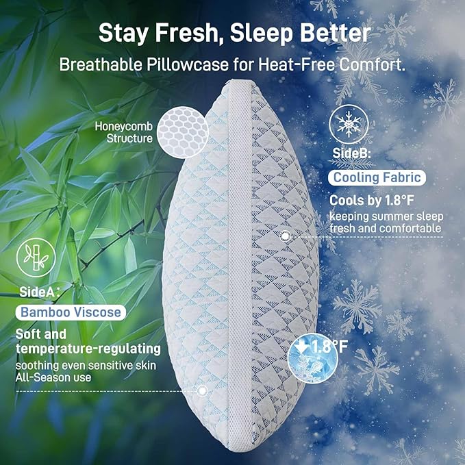 Shredded Memory Foam Cooling Soft Bamboo Viscose Pillow King Size, Adjustable Hypoallergenic Hotel Quality Bed Pillow for Back, Stomach and Side Sleeper, Oeko-TEX Certified