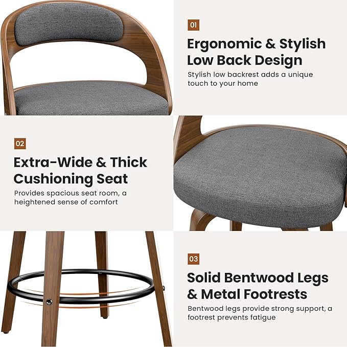 Swivel Bar Stools Set of 3, 26" Counter Height Bentwood Barstool, Mid-Century Modern Upholstered Fabric Bar Chair with Back and Footrest, for Kitchen Island, Bar, Cafe, Dining Room, Grey Linen