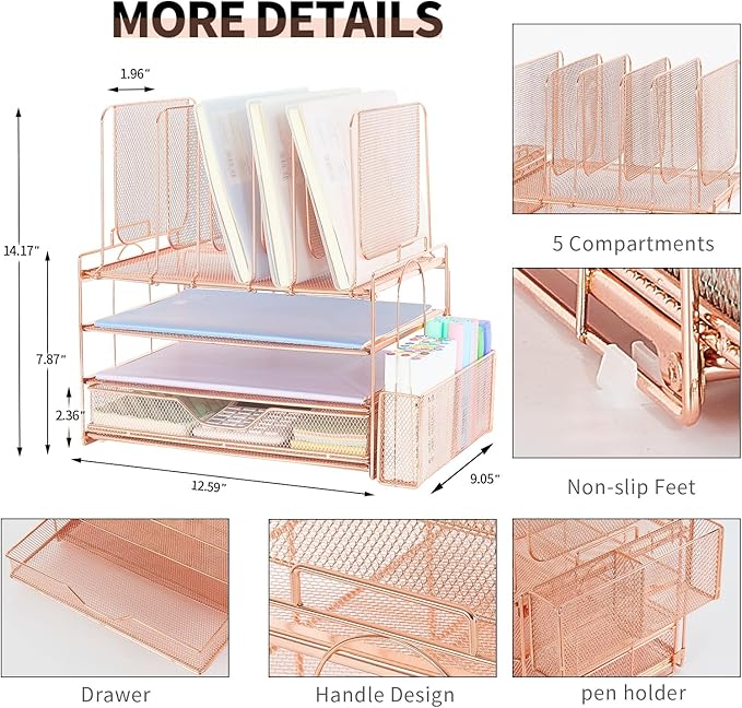 Desk Organizer with 5 Vertical File Holders, 3-Tier Paper Organizer and Drawer, Desk Accessories in Rose Gold