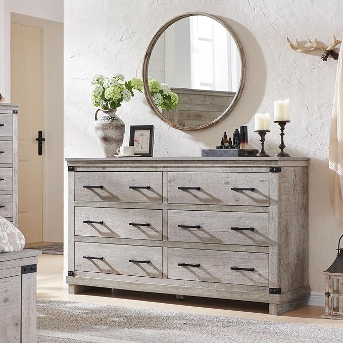 T4TREAM Farmhouse 6 Drawers Dresser for Bedroom, 54" Wide Wood Chest of Drawers w/Natural Texture & Metal Handle, Rustic Storage Dressers Organizer for Living Room, Hallway, Light Rustic Oak