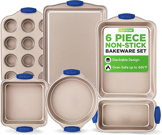 NutriChef 6-Piece Nonstick Bakeware Set - Premium Carbon Steel Baking Trays w/Heat-Safe Silicone Handles - Includes Loaf Pan, Muffin/Cupcake Pan, Round & Square Roaster Pans, Cookie Sheet - NCSBSG36