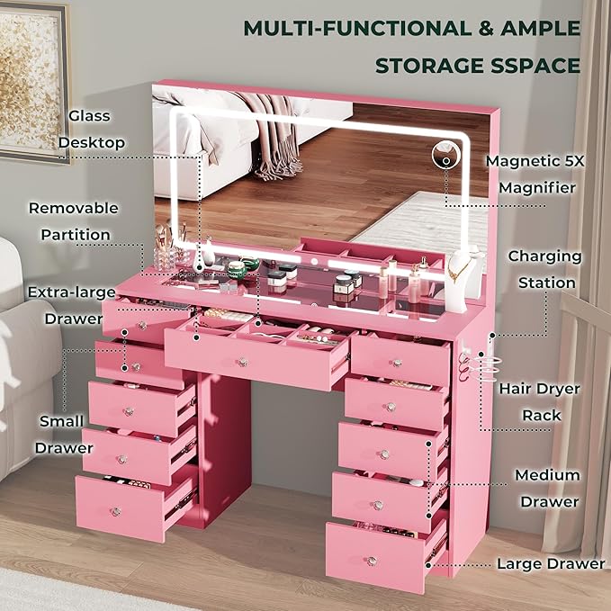 Vanity Mirror with Lights, Vanity with Lighted Mirror, 11 Drawers Makeup Vanity Desk with 3 Lighting Modes Adjustable Brightness, Pink Vanity with Glass Top for Bedroom