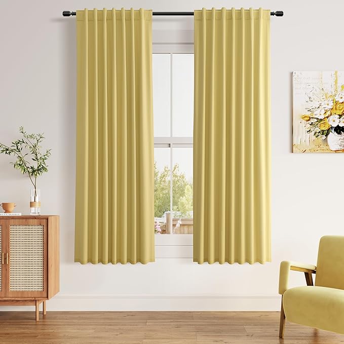 Guken Yellow Blackout Curtains 63 Inch Length 2 Panels Set for Living Room Bedroom Back Tab Thermal Insulated 100% Black Out Linen Drapes Room Darkening Window Curtains 63 Inches Long