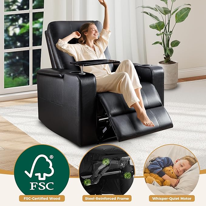 ANJ Black Power Recliner Chair Electric Home Theater Seating Soft Leather Movie Chair for Living Room Overstuffed Single Reclining Sofa with Hidden Arm Storage, Cup Holders and USB Ports (Black)