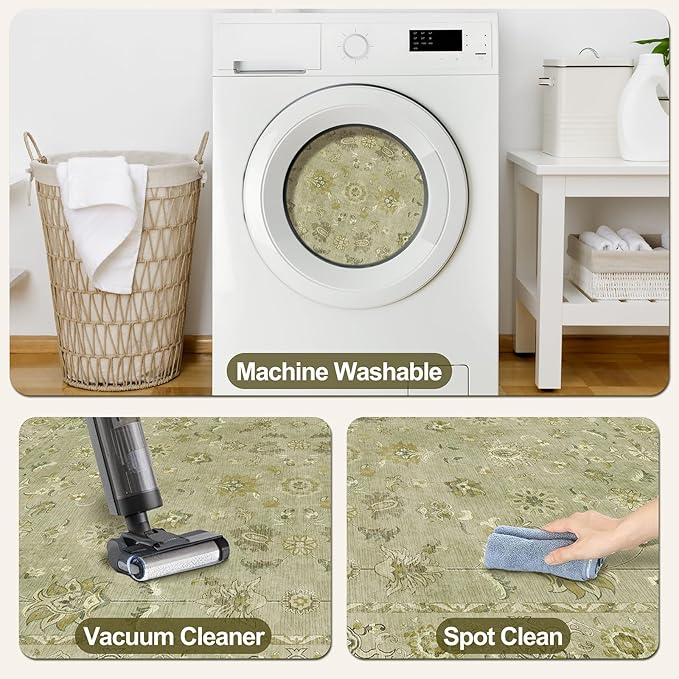 Tangsoo 2x5 Washable Runner Rug for Hallways, Non Slip Floral Vintage Runner Rugs, Soft Low Pile Long Rug, Print Distressed Green Carpet Runners for Kitchen Bedroom Entryway Bathroom Living Room