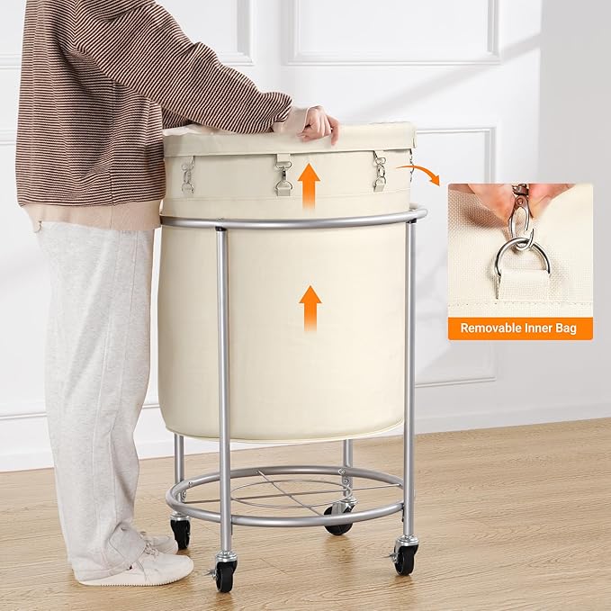 ELYKEN Laundry Basket with Wheels, 170L Rolling Laundry Hamper with Removable Bag and Steel Frame, Round Laundry Cart with 4 Casters and 2 Brakes, Ideal for Bedroom, Bathroom, Laundry Room, Cream