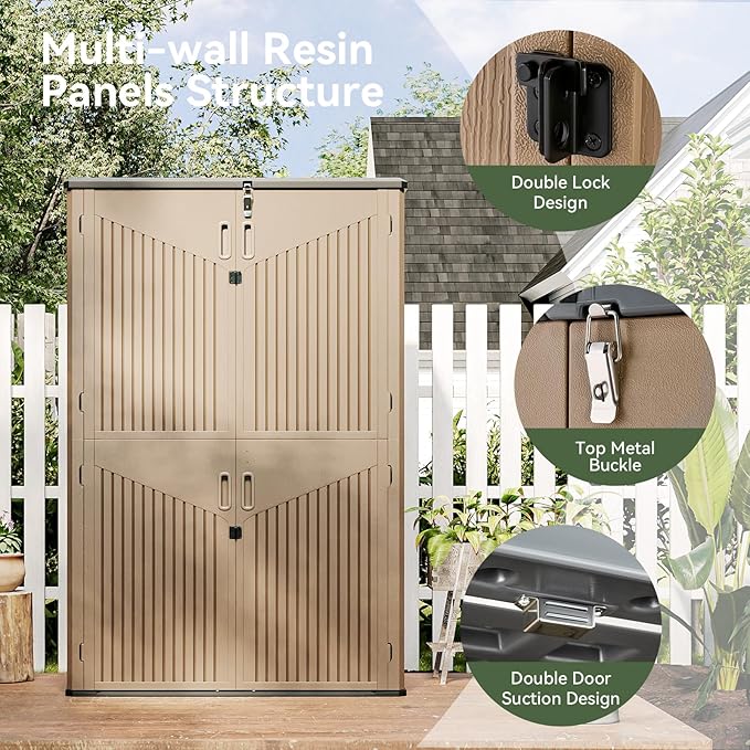 Aoxun Outdoor Storage Shed, 64 Cu.Ft Vertical Storage Sheds Outdoor with Floor, Outdoor Waterproof Storage Cabinet for Garage Storage, Pool Storage, Bike Shed, Garden Shed (Brown)