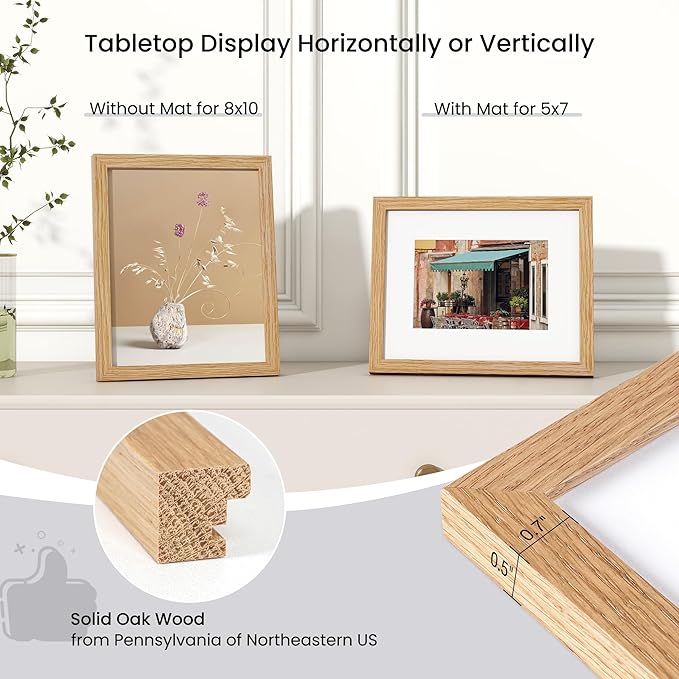 Axeman Solid Oak Wood Frame - 8x10 with Mat for 5x7, Plexiglass and Hanging Hardware Included - Natural, 3 PCs