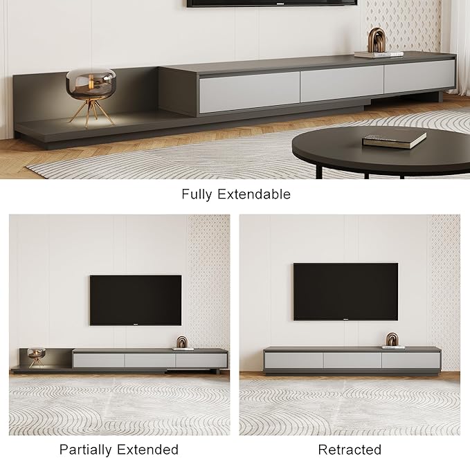 Mid-Century Modern Expandable TV Stand with 3 Drawers – Adjustable Entertainment Center for Living Room & Bedroom (79" to 130"), Stylish Gray Media Console
