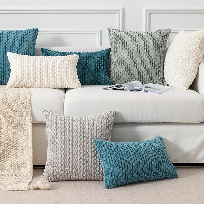 Kevin Textile Throw Pillow Covers Soft Corduroy Decorative Set of 2 Boho Striped Pillow Covers Pillowcases Farmhouse Home Decor for Couch Bed Sofa Living Room 12x20 Inch Teal Blue