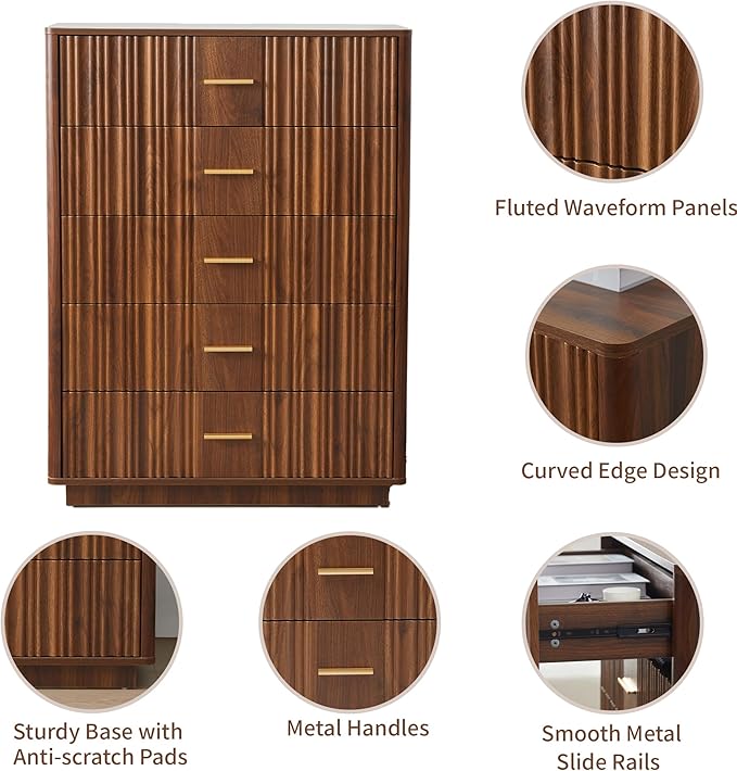 Fluted 5 Drawers Dresser for Bedroom, Wooden Tall Storage Dresser TV Stand, Curved Profile Modern Chest of Drawers, Wood Closet Clothes Storage Organizer for Living Room Hallway,Walnut 2 Sets