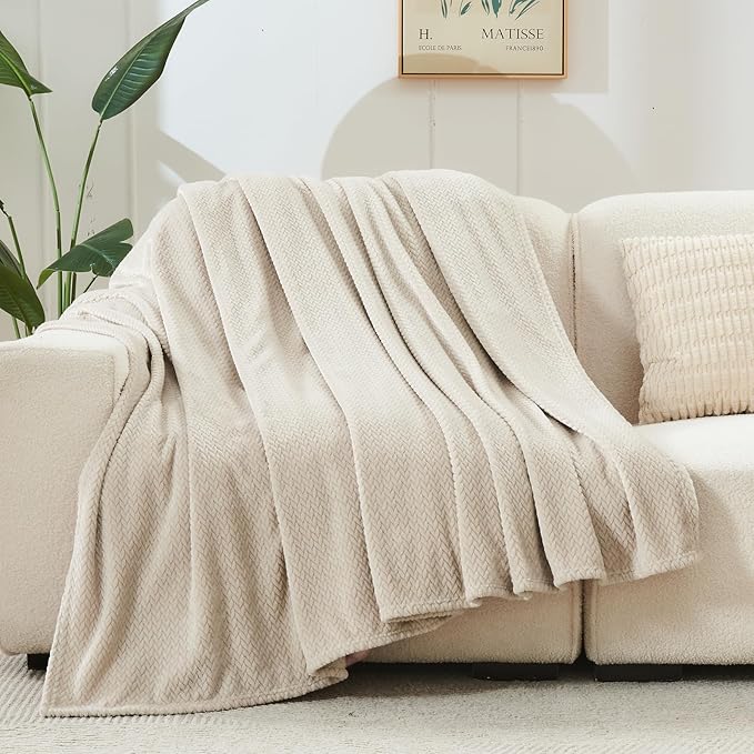 NEWCOSPLAY Super Soft Queen Blanket Linen Premium Silky Flannel Fleece Leaves Pattern Lightweight Bed Blanket All Season Use (Linen, Queen(90"x90"))