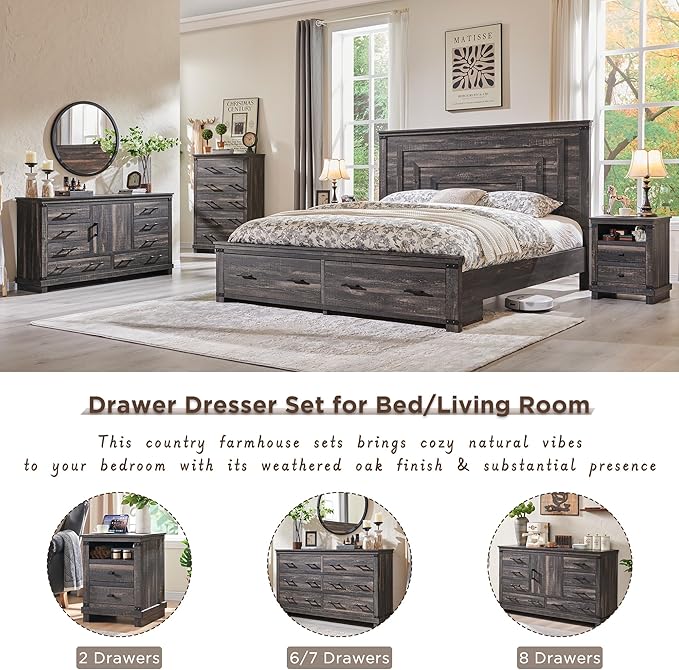 Farmhouse 5 Drawers Dresser for Bedroom, Wood Tall Chest of Drawers with Thick Plank Styling, Rustic Closet Dresser for Bedroom, Living Room, Dark Rustic Oak