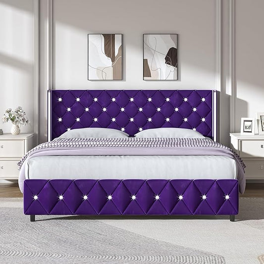 HOMBCK King Bed Frame with Headboard, Upholstered Platform Bed with Wingback Design, Modern Diamond Bed Frame with Tufted Deep Button, No Box Spring Needed, Easy Assembly, Purple
