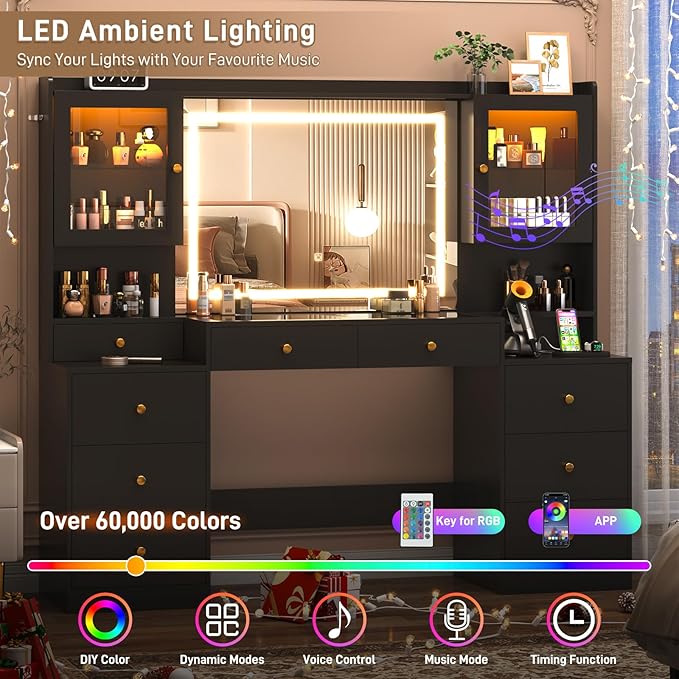Large Vanity Desk w/60000-color LED Lights,Tempered Glass Top,Outlet,62inch Black Makeup Vanity Table w/ 3 Lights Mode Mirror & Lights,9 Drawers,2 RGB Cabinet,LED Dressing Table for Women