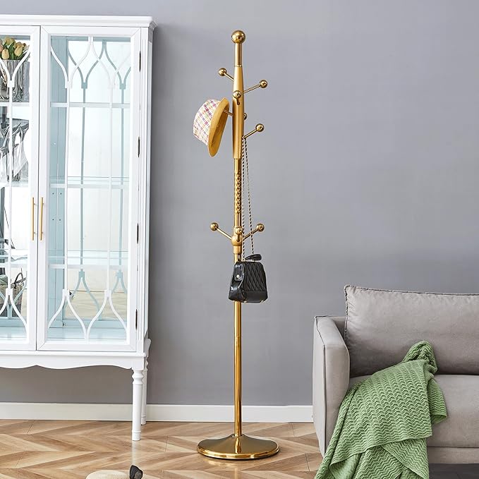 Solid Wood Coat Rack Freestanding, 77" Adjustable Hall Tree Hanger With Hooks, Coat Hanger Stand for Hanging Clothes Bags Hats in Living Room Bedroom