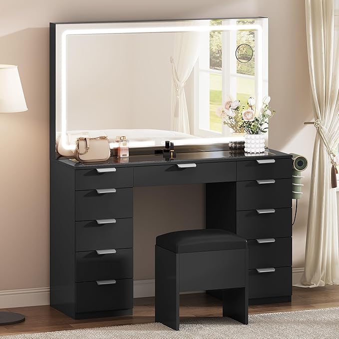 YITAHOME Lighted Vanity Table with Glass Top, 11 Drawers & Storage Stool, Makeup Desk with Smart Mirror, Touch LED Lights, Charging Ports & Hair Dryer Holder