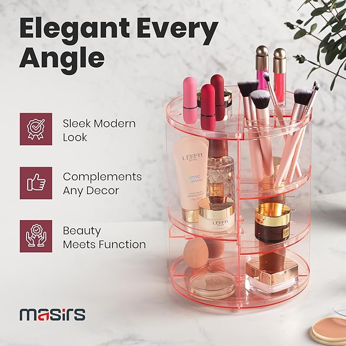 360 Rotating Makeup Organizer - Adjustable Shelf Height and Fully Rotatable - The Perfect Round Spinning Cosmetic Organizer for Bedroom Dresser or Vanity Countertop Storage (Pink)