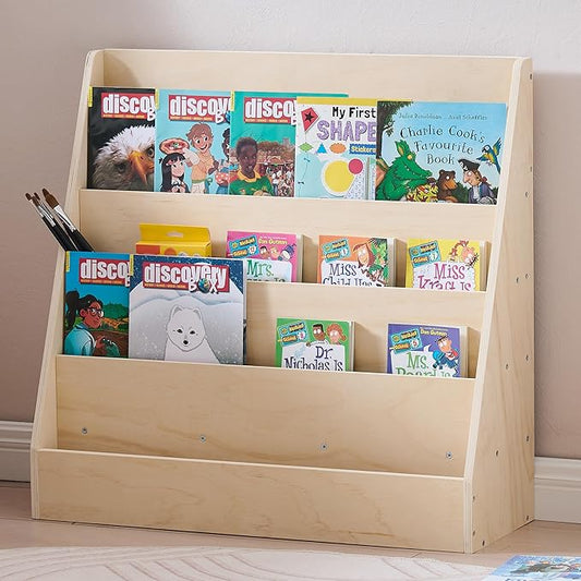 Montessori 5-Tier Kids Bookshelf & Organizer, Pine Plywood Forward-Facing Book Display Shelf for Playroom, Nursery & Classroom