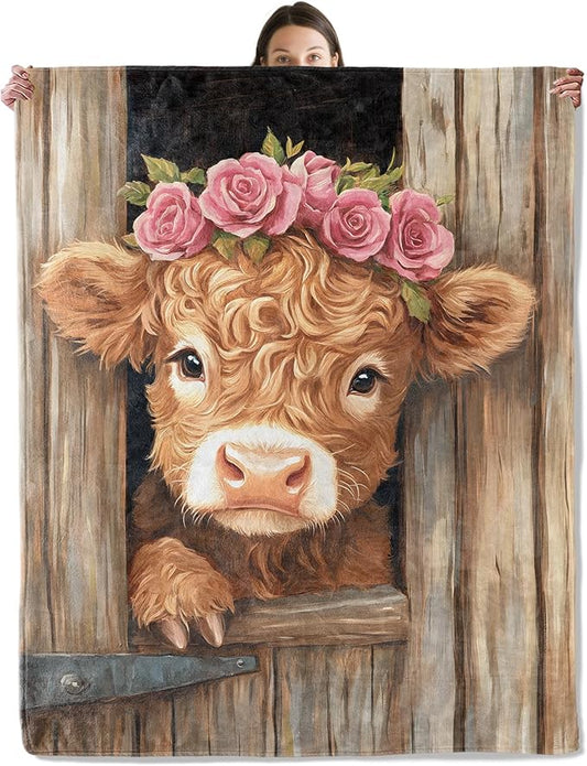 Fun Highland Cow Blanket, Cozy Flannel Roses Crown Calf in Window Throw Blanket for Couch Outdoor, Plush Soft Lightweight Travel Blankets for Bed Decor and Gifts, for Women Kids Adults 50"x60"