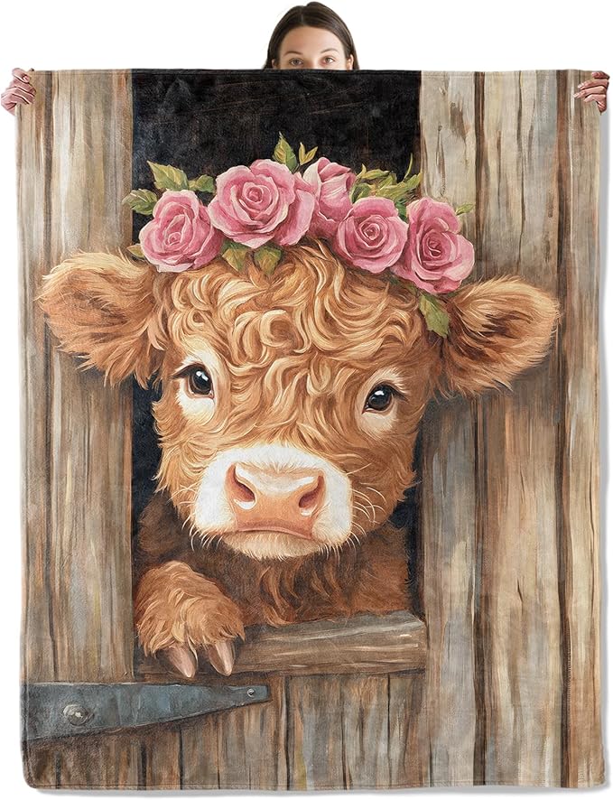 Fun Highland Cow Blanket, Cozy Flannel Roses Crown Calf in Window Throw Blanket for Couch Outdoor, Plush Soft Lightweight Travel Blankets for Bed Decor and Gifts, for Women Kids Adults 40"x50"