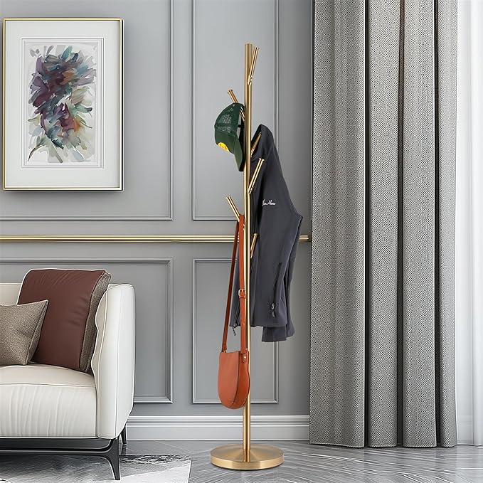 Kira Home Addison 68" Modern 6 Hook Free Standing Metal Coat Rack, Weighted Base, Cool Brass Finish