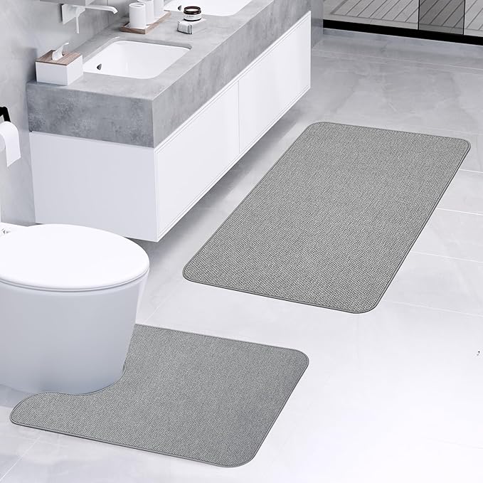Bathroom Rugs Set 2 Pieces,Thin Bathroom Mats,Toilet Rugs,Quick Dry,Non-Slip,Machine Washable,Low Pile,Absorbent Bath Mats,Shower,Sink,Home Decor Accessories.Grey,1'5"x2'3"+1'8"x2" U Shape