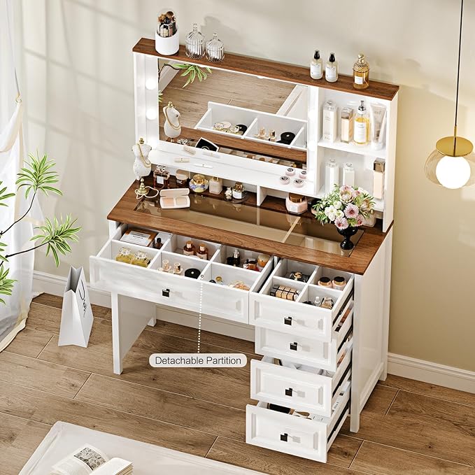 43" Large Vanity Desk with Mirror and Lights,Makeup Vanity with 10 Lights，Modern Makeup Table with 5 Drawers，Open Shelves for Bedroom Makeup Room，Cream