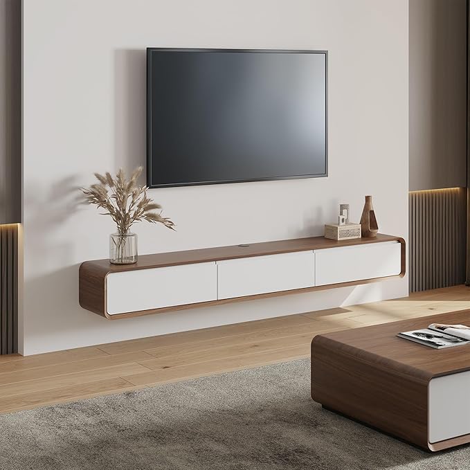 POVISON Fully-Assembled Minimalist Floating TV Stand, Modern Wall-Mounted Entertainment Center with 3 Flip-Down Cabinet Doors, Solid Wood, Walnut Veneer & White, 78"