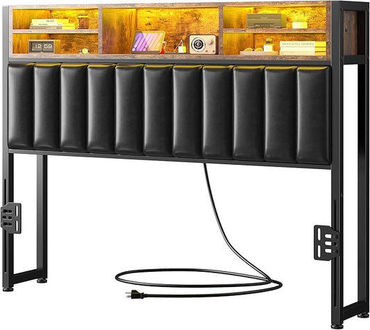 EnHomee King Headboard with Charging Port, King Headboard Only with LED Light, with Storage Shelf, King Size Headboard Only Upholstered for Bedroom