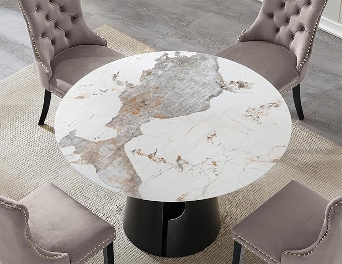5-Piece Faux Marble Round Dining Table Set for 4, Modern Luxury Kitchen Table Set for 4 with Grey Tufted Chairs,Circle Dining Tables with Pandora Grain Top and Black Pedestal Base