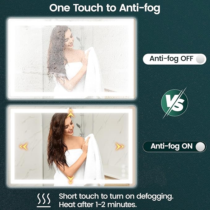 30"x 48" LED Mirror for Bathroom with Frontlit and Backlit, Anti-Fog, 3 Colors Temperature & Dimmable, Wall Mounted Bathroom Mirror