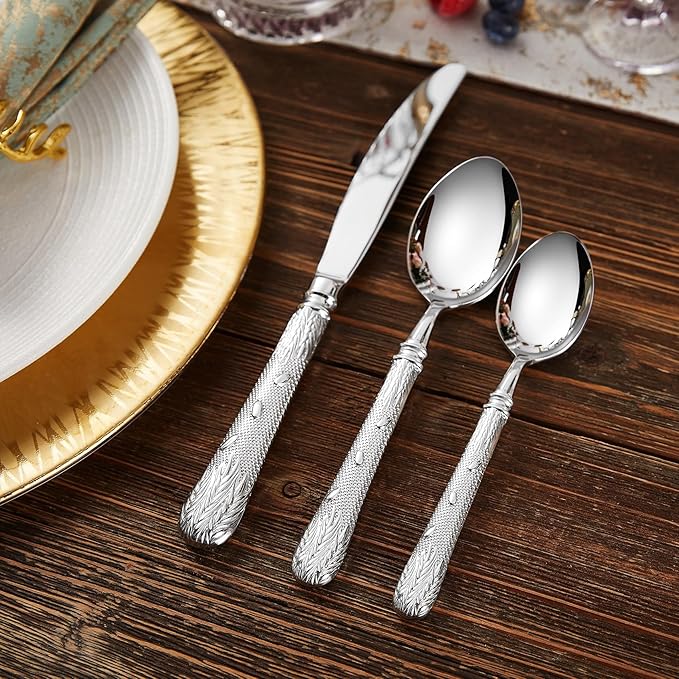 KEAWELL Premium Versailles Silverware Set, 45-Piece flatware set for 8, 18/10 Stainless Steel, Heavy-Duty, Mirror Polished, Royal Engraved Handle, For Formal Dining, Dishwasher Safe (45, Silver)