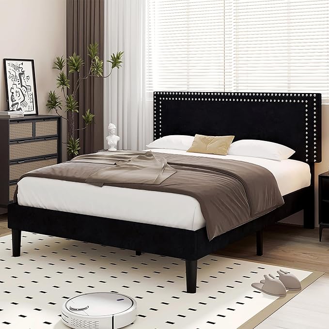 VECELO Queen Size Bed Frame with Adjustable Upholstered Headboard, Wooden Slats Platform, Noise-Free Design, Easy Assembly