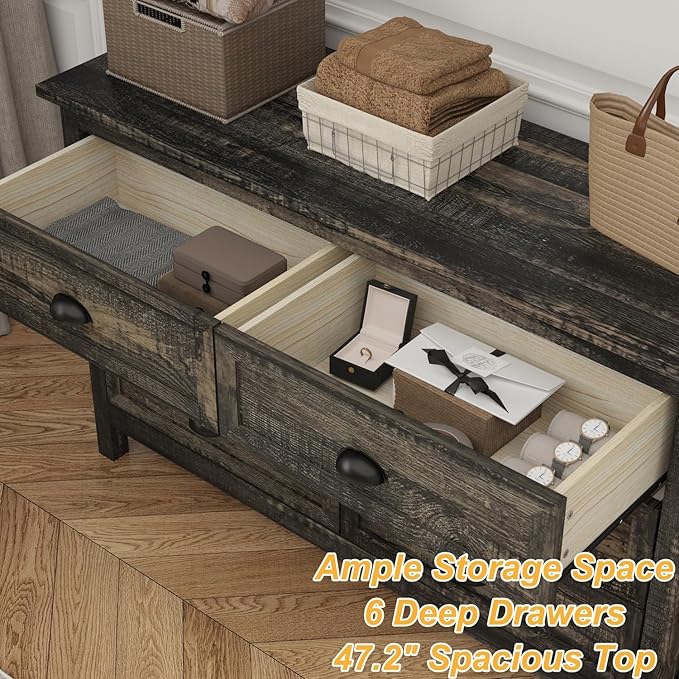 Wananlanen® Farmhouse Dresser for Bedroom, Wooden Tall Rustic Dresser for Bedroom, Hallway (Dark Oak, 6 Drawer)