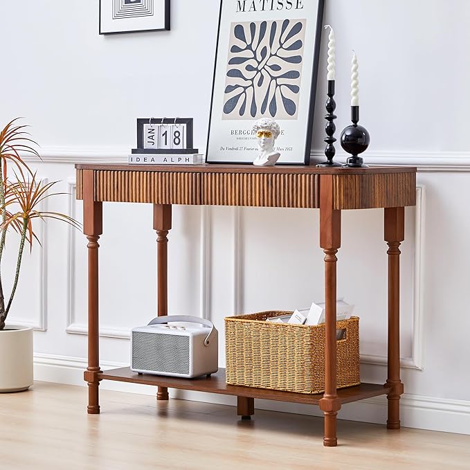 43.3” Console Table with 2 Drawers, Modern Retro Entryway Table with Fluted Panel & Storage Shelf, Narrow Wood Behind Couch Sofa Table for Living Room, Foyer, Hallway(Walnut)