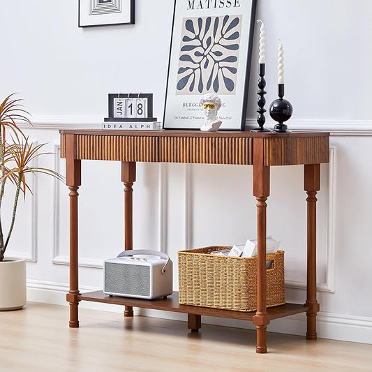 43.3” Console Table with 2 Drawers, Modern Retro Entryway Table with Fluted Panel & Storage Shelf, Narrow Wood Behind Couch Sofa Table for Living Room, Foyer, Hallway(Walnut)