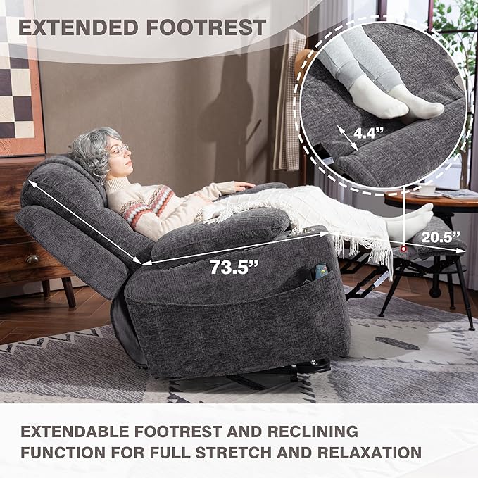 Big Man 400lbs Recliners with Extended Foot Rest and Armrest Storage, Oversized Power Lift Recliner Chair with Heat Massage and Cup Holders for Elderly