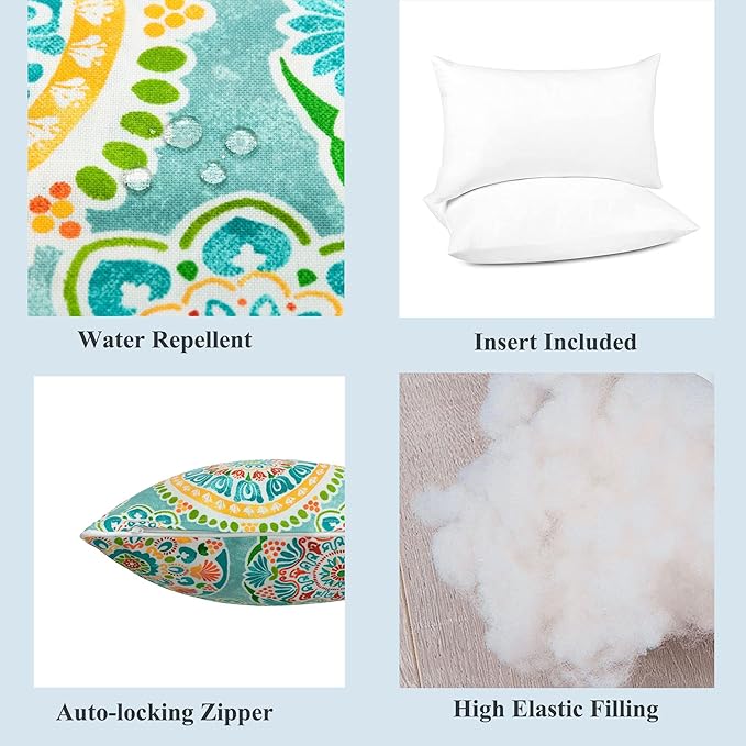 FUNHOME Set of 2 Outdoor Pillows for Patio Furniture, 12”x20” Water-Repellent Fade Resistant Outdoor Lumbar Pillow with Insert, Decorative Garden Pillows for Home Patio Coach Sofa Use-Cyan Circle